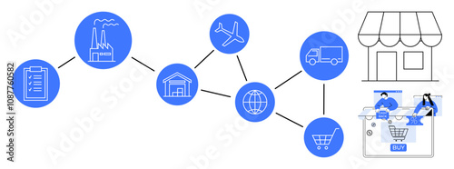 Clipboard, factory, warehouse, airplane, globe, truck, shopping cart, store and people shopping on laptop. Ideal for logistics business e-commerce supply chain distribution retail online