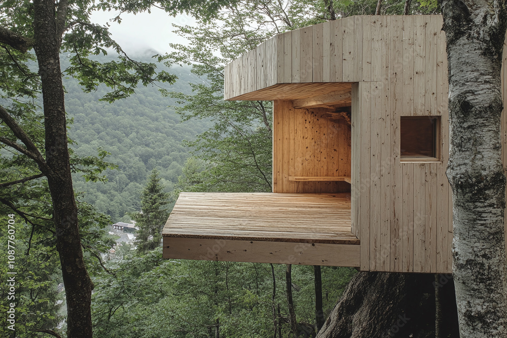 A simple tree platform with wooden walls and small windows. A simple tree platform with wooden walls and small windows.