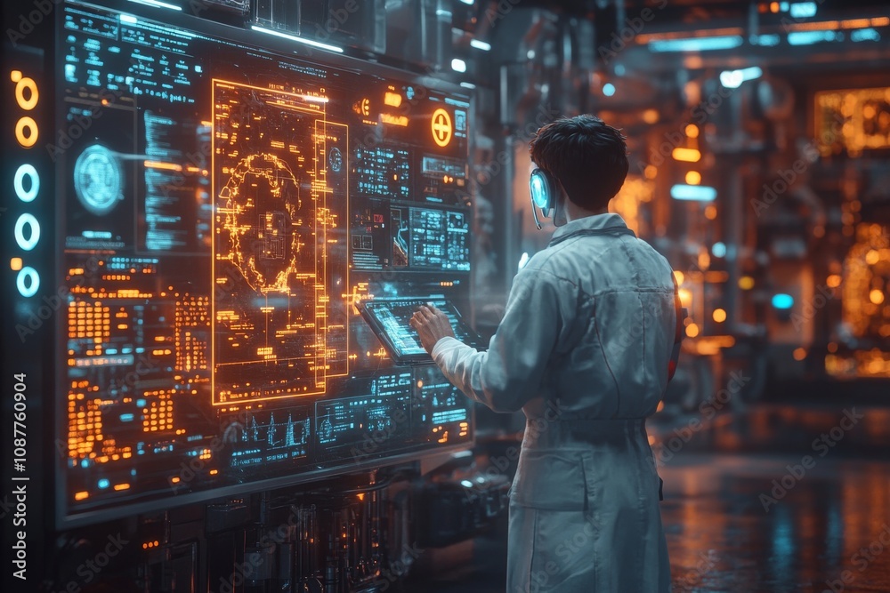 A physician using advanced artificial intelligence technology in an environmentally friendly hospital. Generative AI A physician using advanced artificial intelligence technology in an environmentally friendly hospital. Generative AI