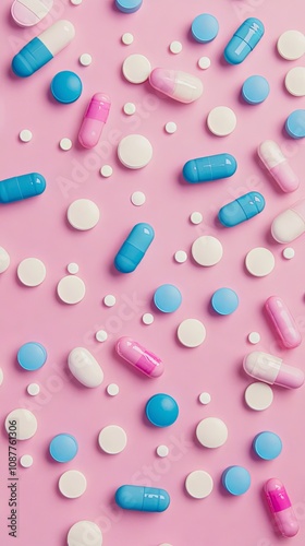 Colorful Pills on Pink Background: Health and Medicine Concept