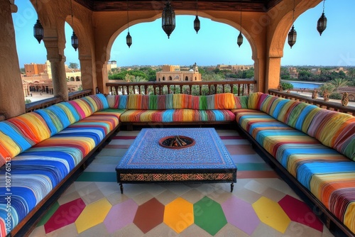 Vibrant Arabic-style living room with lanterns, plush seating, and geometric patterns