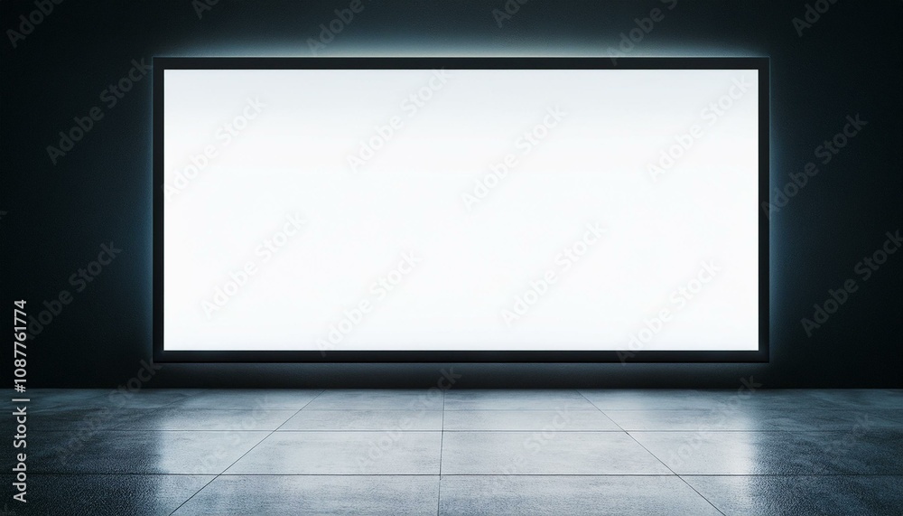 Front view of blank white glowing digital screen in dark hall interior with concrete floor and black wall. Presentation concept. Mockup, closeup, 3D Rendering Front view of blank white glowing digital screen in dark hall interior with concrete floor and black wall. Presentation concept. Mockup, closeup, 3D Rendering