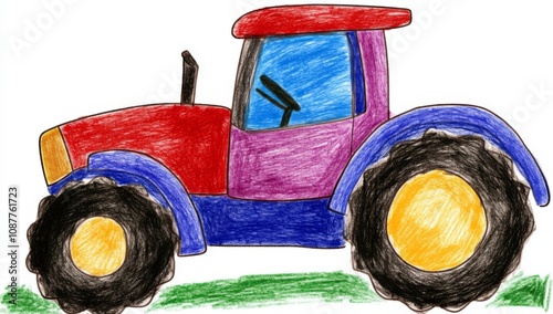 Simple children’s crayon drawing of an open tractor on white background