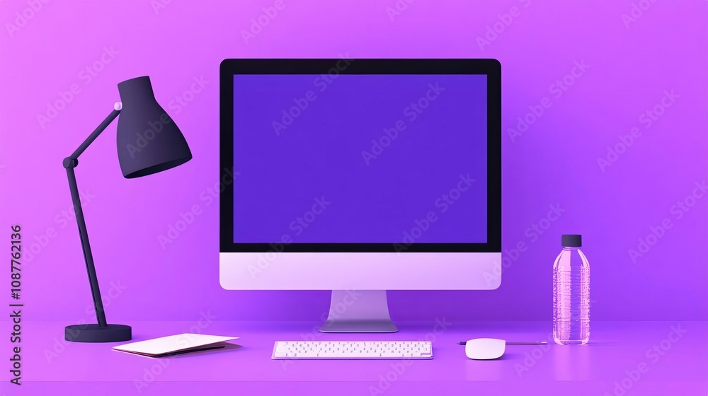 Modern Purple Desk Setup Computer Keyboard Mouse Lamp Water Modern Purple Desk Setup Computer Keyboard Mouse Lamp Water
