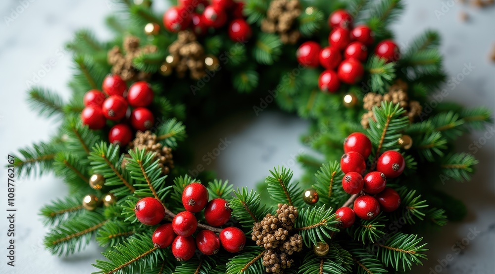 A Christmas wreath decorated with red berries and gold ornaments, creating a traditional holiday display A Christmas wreath decorated with red berries and gold ornaments, creating a traditional holiday display
