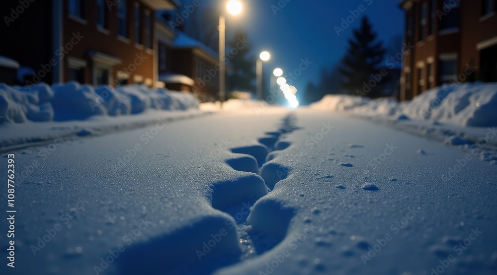 Snow-covered residential street at dusk with footprints leading into the distance under glowing streetlights Snow-covered residential street at dusk with footprints leading into the distance under glowing streetlights