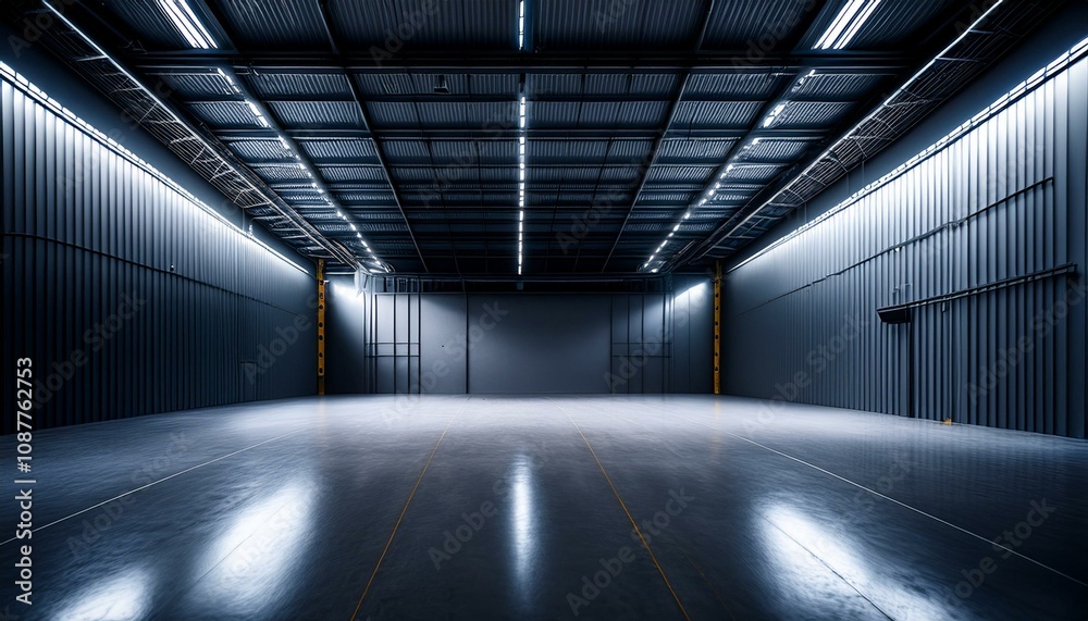 Obraz premium Modern empty hangar interior with industrial lighting and dark walls. 3D Rendering