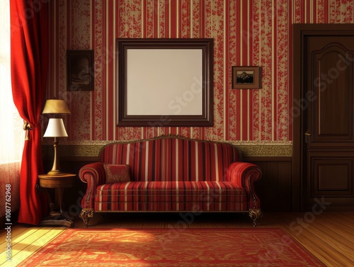 Elegant Red Striped Sofa in Victorian Room Setting photo