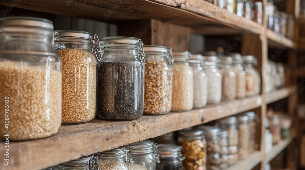 Glass Jars Filled with Grains and Seeds on Wooden Shelves