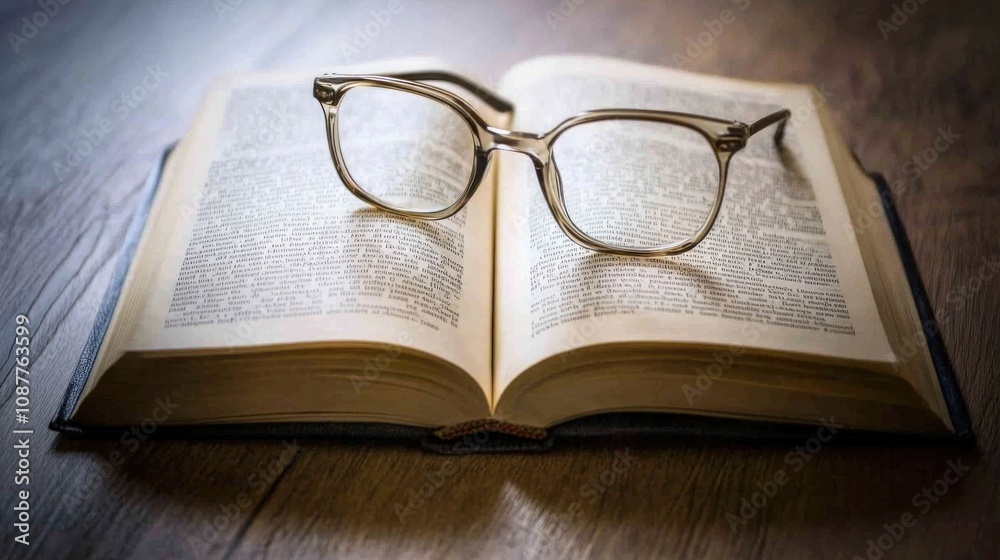 Reading glasses resting on an open book on wooden table Reading glasses resting on an open book on wooden table