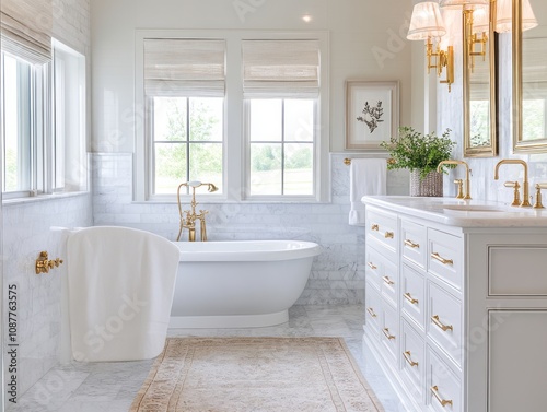 Elegant White Bathroom With Gold Fixtures And Marble Accents