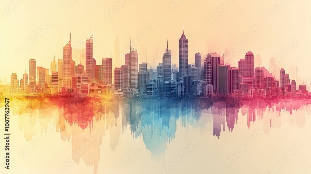 Obraz premium Vibrant Skyline Reflection with Gradient Colors in Watercolor