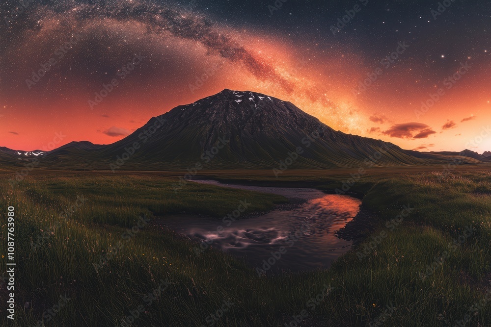 A breathtaking landscape features a majestic mountain under a starry sky, illuminated by vibrant sunset hues reflected in a serene river, perfect for nature-themed projects, travel blogs
