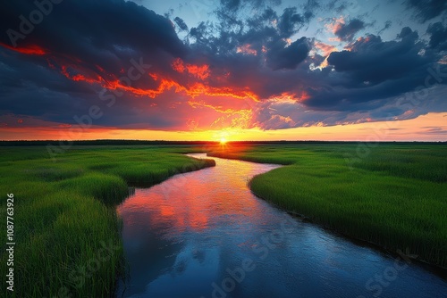 A serene landscape features a winding river reflecting vibrant sunset colors against a backdrop of dramatic clouds, Ideal for nature-themed projects, travel brochures, or inspirational content, photo