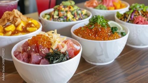 A mouthwatering poke bowl bar with options like tuna, salmon photo