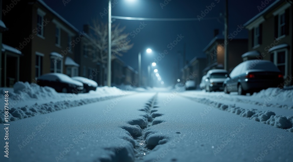 A serene winter night scene of a snow-covered street lined with parked cars and illuminated by streetlights A serene winter night scene of a snow-covered street lined with parked cars and illuminated by streetlights