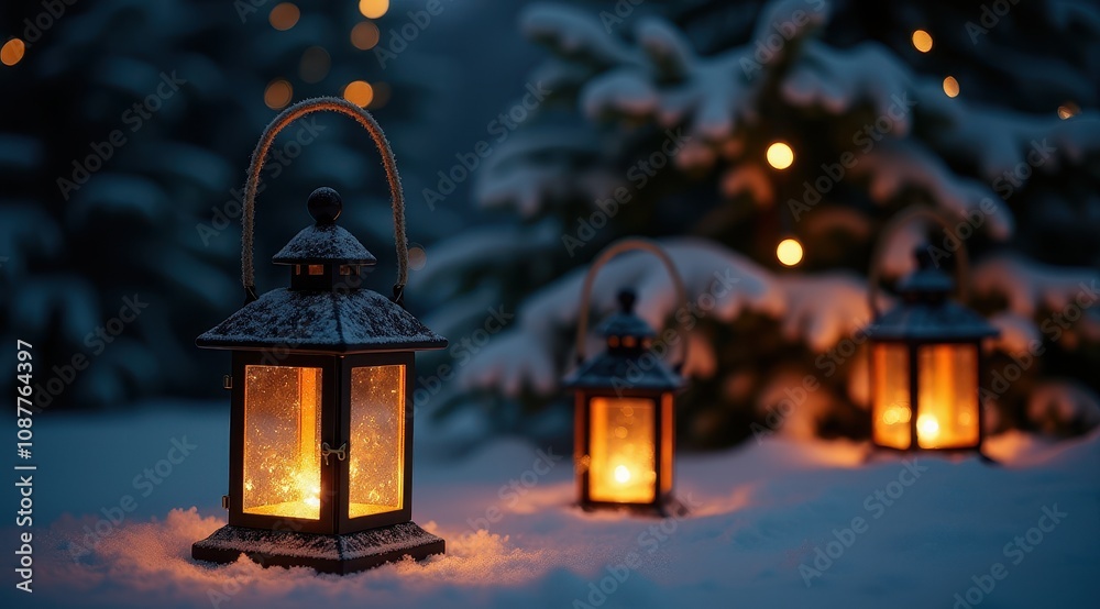 Three glowing lanterns create a warm ambiance in a snowy landscape with softly lit trees, evoking a festive winter scene Three glowing lanterns create a warm ambiance in a snowy landscape with softly lit trees, evoking a festive winter scene