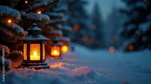 Snow-covered lanterns softly illuminate a wintry landscape with glowing lights against a backdrop of snowy trees