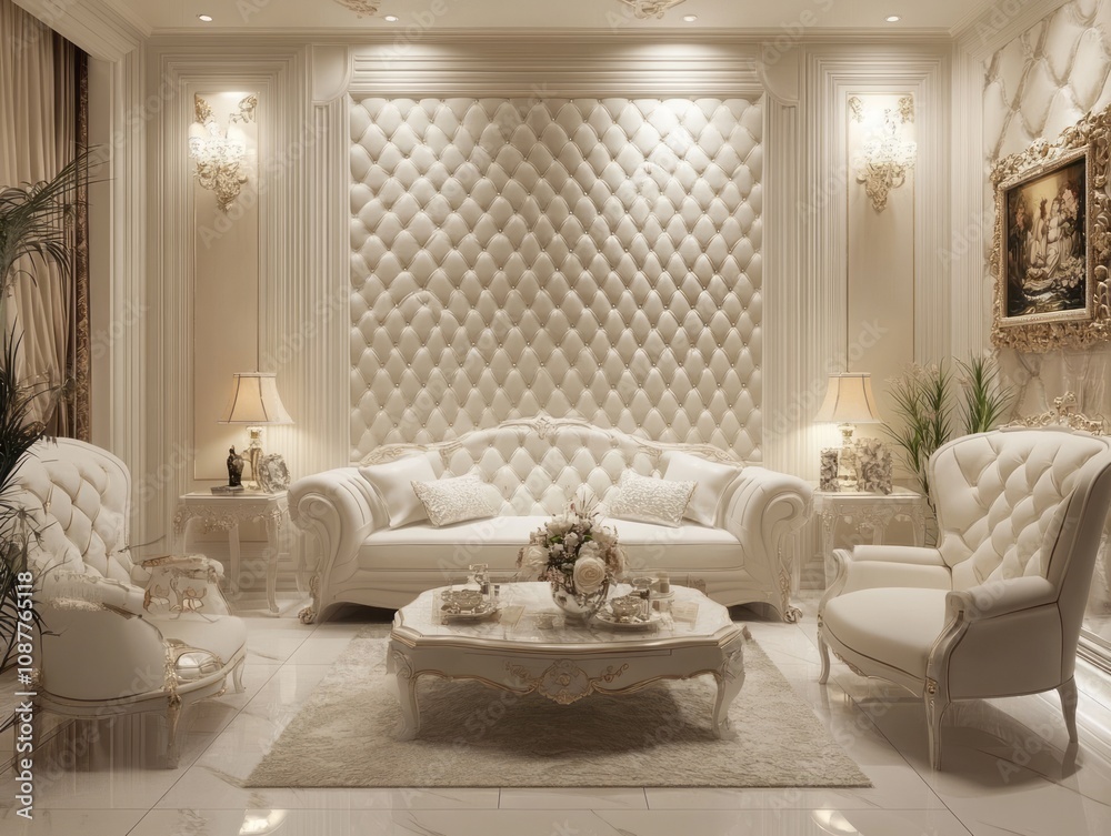 Fototapeta premium Elegant White Living Room With Ornate Furniture And Wall Decor
