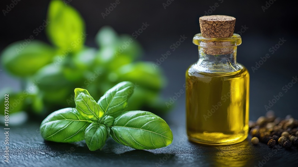 A small bottle of basil oil with fresh basil leaves and peppercorns. A small bottle of basil oil with fresh basil leaves and peppercorns.