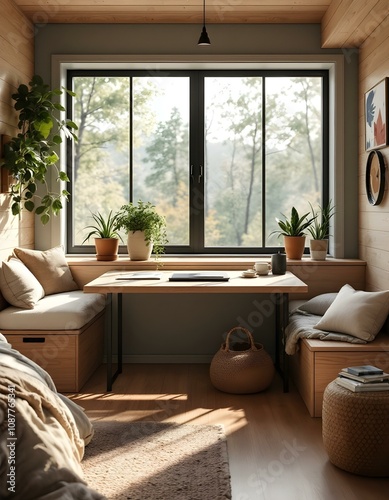 cozy aesthetic room with a big window and a lot light