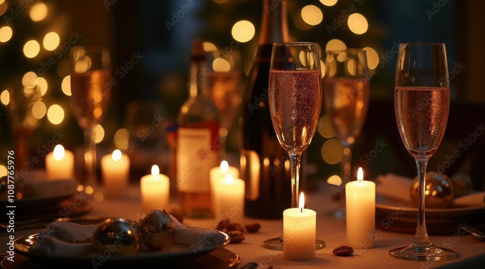 Festive dinner table setting with champagne glasses, candles, and warm bokeh lights, creating an elegant holiday atmosphere Festive dinner table setting with champagne glasses, candles, and warm bokeh lights, creating an elegant holiday atmosphere