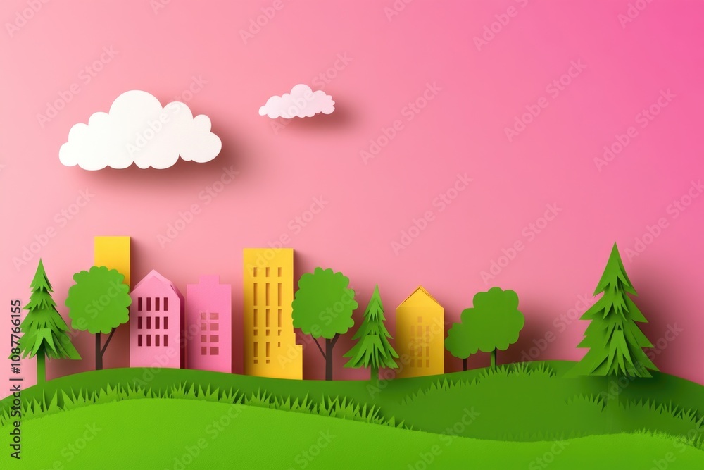 Colorful paper art cityscape with green trees under a pink sky
