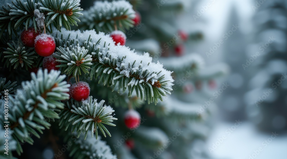 Snow-covered pine branches adorned with red berries in a tranquil winter forest Snow-covered pine branches adorned with red berries in a tranquil winter forest