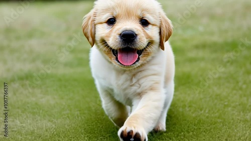 Playful Golden Retriever Puppy Enjoys Time Outdoors, Exploring the Grass in a Sunny Park