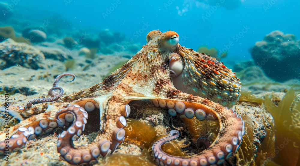 Octopus underwater with spread tentacles Octopus underwater with spread tentacles