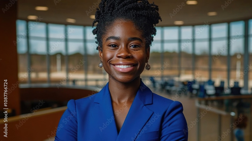 Confident african female young professional in blue suit at modern office Confident african female young professional in blue suit at modern office
