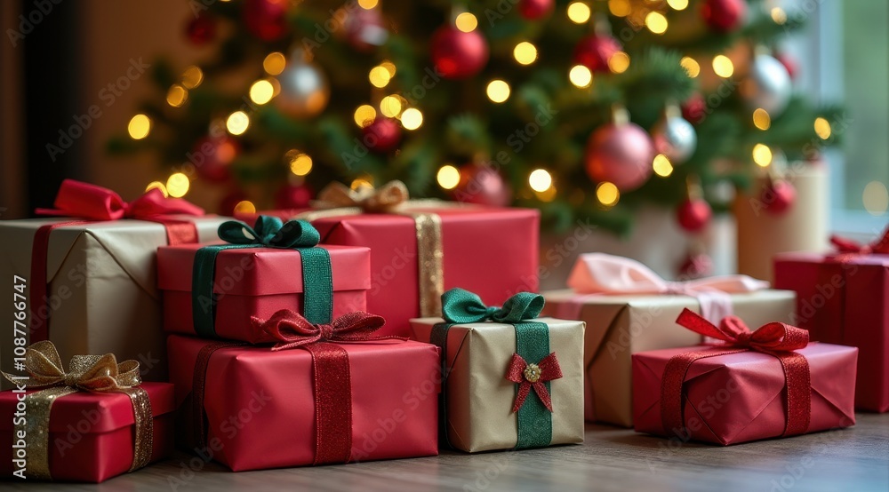 Festive Christmas gifts wrapped in red and gold ribbons with a glowing tree and ornaments create a warm holiday atmosphere
