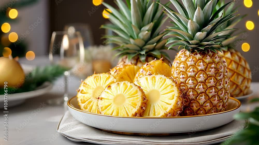 Fresh Pineapple Slices on a Plate with a Vibrant Background