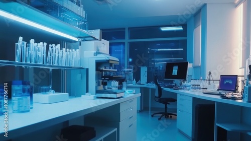 Laboratory Interior with Blue Lighting and Equipment