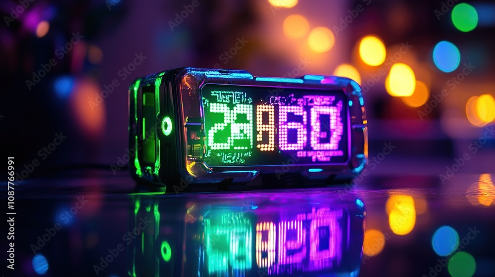 A vibrant digital clock displaying time with colorful lights and reflections.