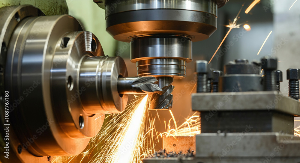 Close-up of CNC machine in operation, producing precise cuts in metal with sparks flying during the process in an industrial setting. Close-up of CNC machine in operation, producing precise cuts in metal with sparks flying during the process in an industrial setting.