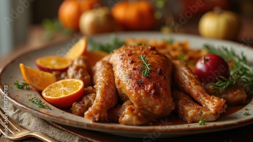 Beautifully roasted chicken is prominently displayed on rustic wooden table, accompanied by citrus slices, herbs, and colorful autumn decor, creating cozy, seasonal atmosphere Thanksgiving day concept