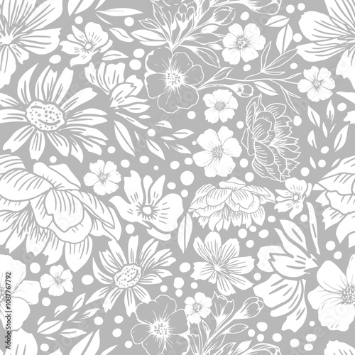 Gray and white seamless background flowers graphic. hand drawing. Not AI, Vector illustration.