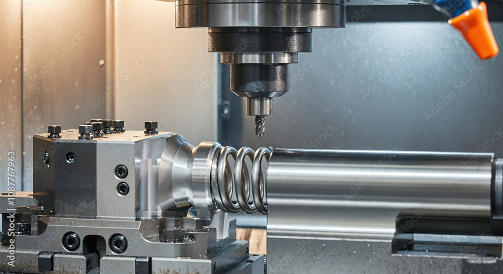 Close-up of a modern CNC machine tool with a metal spring component, showing high-precision industrial machining process in a manufacturing setting.