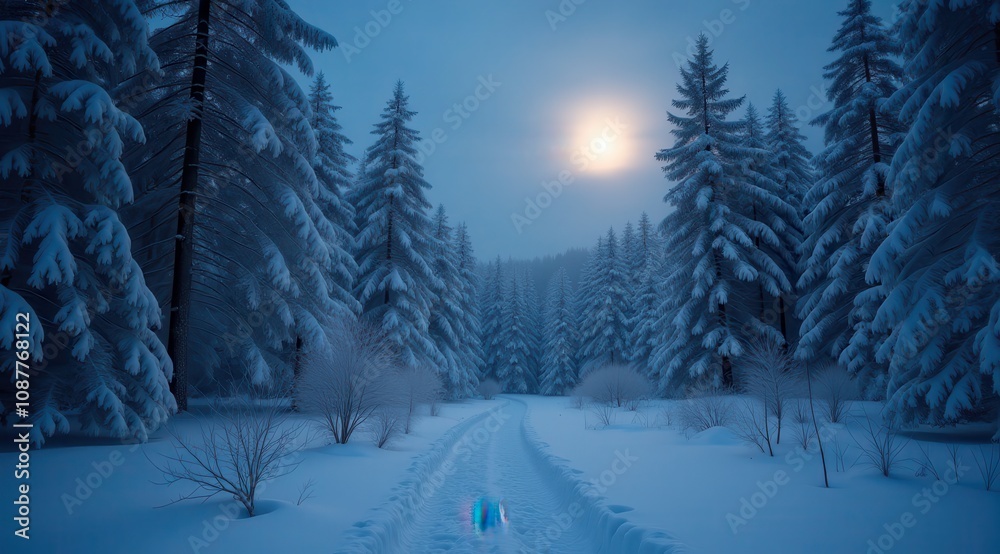 Naklejka premium A peaceful snowy path illuminated by the full moon, surrounded by bare winter trees in a tranquil setting