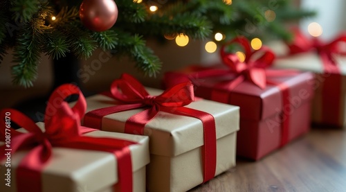 Festive Christmas gifts wrapped with red ribbons sit under a decorated tree with glowing lights and ornaments