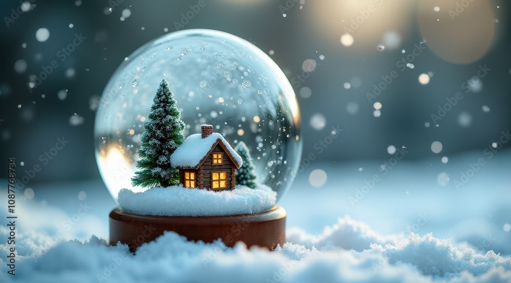 A snow globe featuring a miniature Christmas tree and cozy cabin, surrounded by snow and glowing lights A snow globe featuring a miniature Christmas tree and cozy cabin, surrounded by snow and glowing lights