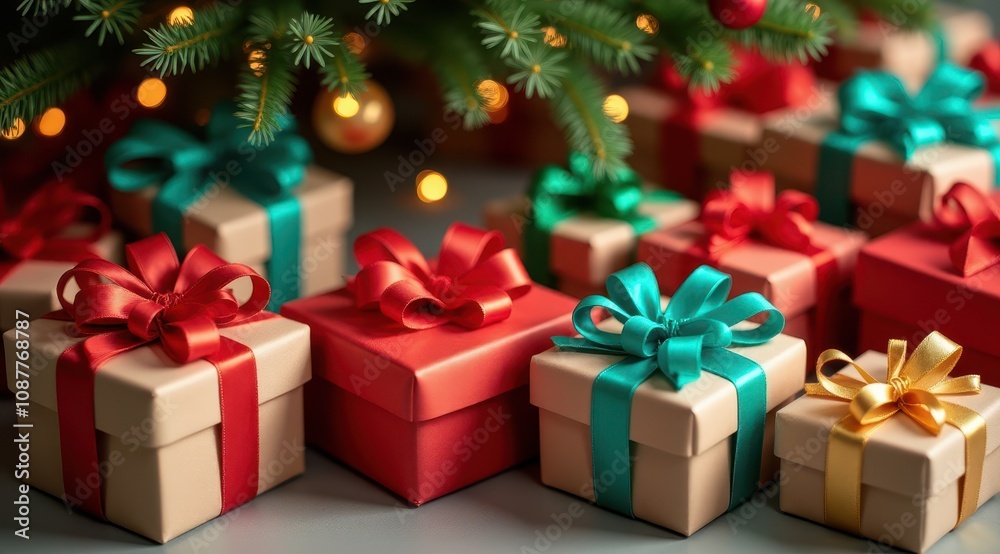 Vibrant Christmas gifts with colorful ribbons arranged beneath a decorated tree, creating a festive holiday atmosphere Vibrant Christmas gifts with colorful ribbons arranged beneath a decorated tree, creating a festive holiday atmosphere