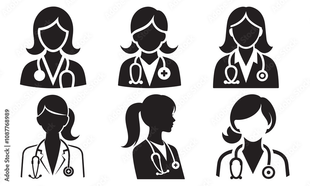 Female Male Doctor Silhouette with Stethoscope Icons Set Female Male Doctor Silhouette with Stethoscope Icons Set