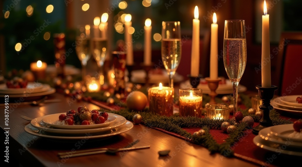 Elegant holiday dinner table with candles, festive decorations, and sparkling champagne glasses evoking a warm and inviting atmosphere