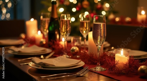 Festive dinner table with champagne glasses, flickering candles, and a decorated Christmas tree in the background evokes a warm, holiday atmosphere