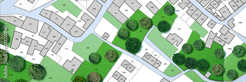 Fictional city map with cadastral parcel of territory, public park and natural green land for leisure activity