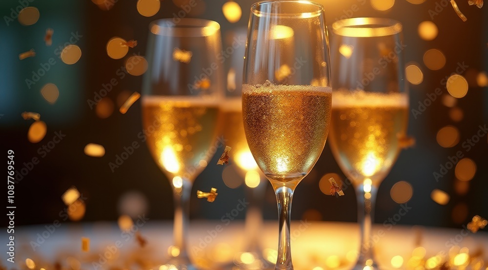Champagne glasses with golden confetti and sparkling bubbles celebrating a festive occasion Champagne glasses with golden confetti and sparkling bubbles celebrating a festive occasion