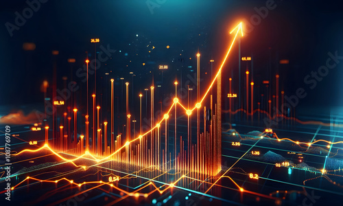 Futuristisches Diagramm mit Pfeilen zur digitalen Transformation, abstrakter Technologiehintergrund. Große Datenmengen und Unternehmenswachstum, Währungsbestand und Investitionswirtschaft photo