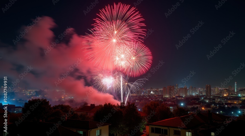 Vibrant red fireworks lighting up a night city skyline during new year celebrations Vibrant red fireworks lighting up a night city skyline during new year celebrations